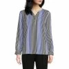 Coupon ✨ Investments Woven Tonal Blocked Stripe Print Woven Long Sleeve Y-Neck Top 😀