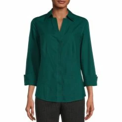 Best Sale ✨ Investments Petite Size Taylor Gold Label Non-Iron Point Collar 3/4 Sleeve Button Front 👚 Shirt Botanical Garden 🧨