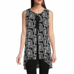 New 🥰 Slim Factor By Investments Geo Print Grommet Tie Detail High-Low Crew Neck Sleeveless Top Black White Geo 👍
