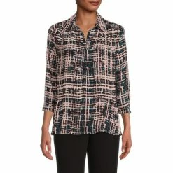 Best Pirce 👍 Investments Woven Etched Plaid Print Y-Neck 3/4 Sleeve Flounce Hem Top 😍