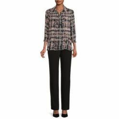 Best Pirce 👍 Investments Woven Etched Plaid Print Y-Neck 3/4 Sleeve Flounce Hem Top 😍 -Investments Shop unnamed file 1864