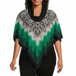 Best deal 🤩 Slim Factor By Investments Plus Size Cowl Neck 3/4 Sleeve Ikat Print Poncho Ikat Scarf 😀