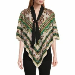 Hot Sale 🧨 Slim Factor By Investments Paisley Print 3/4 Sleeve Self-Tie V-Neck Layered Poncho Cream Paisley ⭐