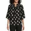 Discount 😀 Investments Petite Size 3/4 Sleeve Smocked Ruffle Crew Neck Diamond Print Partial Button Front Top Black Diamond 🔥