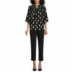 Discount 😀 Investments Petite Size 3/4 Sleeve Smocked Ruffle Crew Neck Diamond Print Partial Button Front Top Black Diamond 🔥 -Investments Shop unnamed file 1901