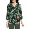 Deals 😉 Investments Watercolor Palm Print Knit Pleated Tie V-Neck 3/4 Sleeve Top ⭐
