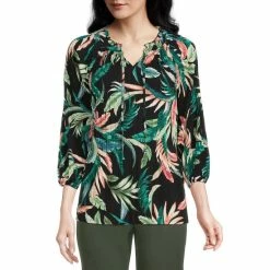 Deals 😉 Investments Watercolor Palm Print Knit Pleated Tie V-Neck 3/4 Sleeve Top ⭐