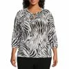 Wholesale 😀 Investments Plus Size Neutral Zebra Print Knit Pleated Tie Split V-Neck 3/4 Sleeve Top 🔔