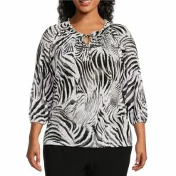 Wholesale 😀 Investments Plus Size Neutral Zebra Print Knit Pleated Tie Split V-Neck 3/4 Sleeve Top 🔔