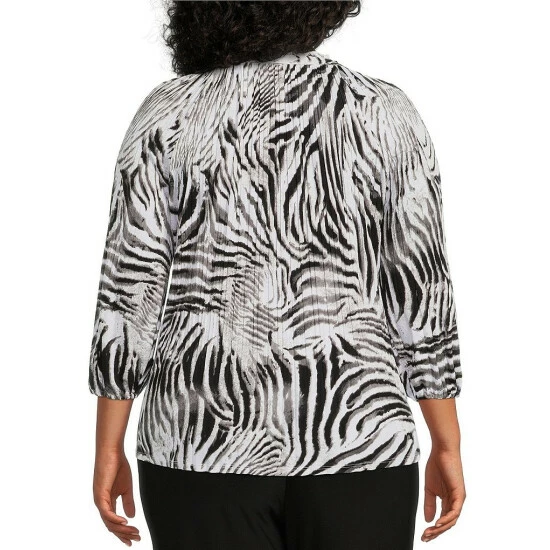 Wholesale ๐ Investments Plus Size Neutral Zebra Print Knit Pleated Tie Split V-Neck 3/4 Sleeve Top ๐ 2 Wholesale ๐ Investments Plus Size Neutral Zebra Print Knit Pleated Tie Split V-Neck 3/4 Sleeve Top ๐ - Image 2