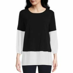 Wholesale 🤩 Slim Factor By Investments Round Neck 3/4 Sleeve Layered Color Block Blouse Black/white 🌟