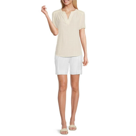 Hot Sale ❤️ Investments Woven Short Sleeve Pleated Split V-Neck Top Pale Banana ⭐ 6 Hot Sale ❤️ Investments Woven Short Sleeve Pleated Split V-Neck Top Pale Banana ⭐ - Image 6