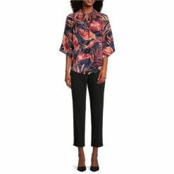 Flash Sale 🧨 Investments 3/4 Sleeve Smocked Ruffle Crew Neck Printed Partial Button Front Top Tropic Palms 😀 -Investments Shop unnamed file 1947