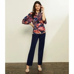 Flash Sale 🧨 Investments 3/4 Sleeve Smocked Ruffle Crew Neck Printed Partial Button Front Top Tropic Palms 😀 -Investments Shop unnamed file 1948