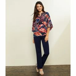 Flash Sale 🧨 Investments 3/4 Sleeve Smocked Ruffle Crew Neck Printed Partial Button Front Top Tropic Palms 😀 -Investments Shop unnamed file 1949