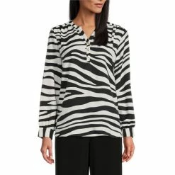 Coupon ❤️ Investments Petite Size Exploded Zebra Print Long Sleeve Y-Neck Woven Top Explored Zebra 👍