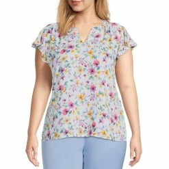 Promo 😉 Investments Plus Size Watercolor Floral Print Split V-Neck Short Flutter Sleeve Top ✨