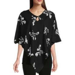Flash Sale 👏 Slim Factor By Investments Woven Keyhole V-Neck 3/4 Sleeve Scattered Floral Print Poncho Scattered Florals 👍