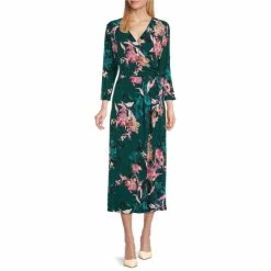 Buy ✔️ Investments Petite Size Soft Separates Surplice V-Neck 3/4 Sleeve Watercolor Floral Print Faux Wrap Midi 👗 Dress 🌟