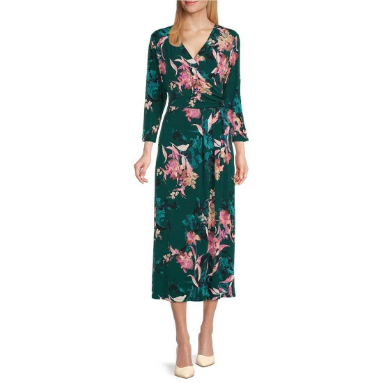 Buy โ๏ธ Investments Petite Size Soft Separates Surplice V-Neck 3/4 Sleeve Watercolor Floral Print Faux Wrap Midi ๐ Dress ๐ 1 Buy โ๏ธ Investments Petite Size Soft Separates Surplice V-Neck 3/4 Sleeve Watercolor Floral Print Faux Wrap Midi ๐ Dress ๐