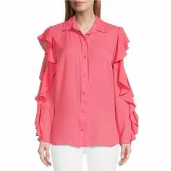 Coupon 🎉 Slim Factor By Investments Ruffled Point Collar Long Sleeve Cold Shoulder Button Front Blouse Black 🌟