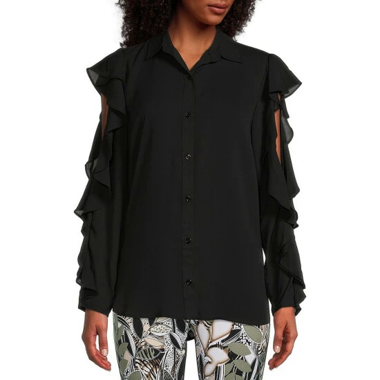 Coupon ๐ Slim Factor By Investments Ruffled Point Collar Long Sleeve Cold Shoulder Button Front Blouse Black ๐ 4 Coupon ๐ Slim Factor By Investments Ruffled Point Collar Long Sleeve Cold Shoulder Button Front Blouse Black ๐ - Image 4