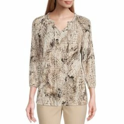 Best Sale ✔️ Investments Petite Size Neutral Snake Print Knit Pleated Split V-Neck 3/4 Sleeve Top 🎁