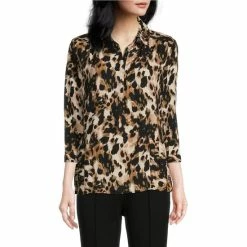 Wholesale 🔥 Investments Woven Cheetah Brushstroke Print Y-Neck 3/4 Sleeve Flounce Hem Top 🎁