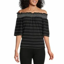Top 10 🎉 Slim Factor By Investments Dotted Stripe Print Smocked Off-the-Shoulder Short Sleeve Knit Top 🎉