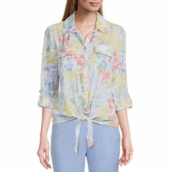 Best Pirce 🤩 Investments Petite Size Kelly Floral Print Point Collar Tie Button Front Long Roll-Tab Sleeve Top ☀️ Summer Sprig ⭐