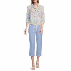 Best Pirce 🤩 Investments Petite Size Kelly Floral Print Point Collar Tie Button Front Long Roll-Tab Sleeve Top ☀️ Summer Sprig ⭐ -Investments Shop unnamed file 1986