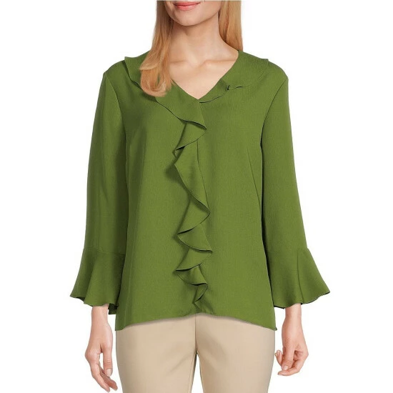 Brand new 🎉 Investments Riley Woven Cascading Ruffle V-Neck 3/4 Sleeve Top Ocean Depths 💯 1 Brand new 🎉 Investments Riley Woven Cascading Ruffle V-Neck 3/4 Sleeve Top Ocean Depths 💯