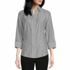 Discount 👍 Investments Petite Size Taylor Gold Label Non-Iron Point Collar 3/4 Sleeve Stripe Button Front 👕 Shirt Bold Stripe ❤️
