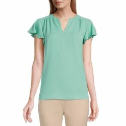 New 👍 Investments Petite Size Split V-Neck Short Flutter Sleeve Top Dusty Jade Green 🔔