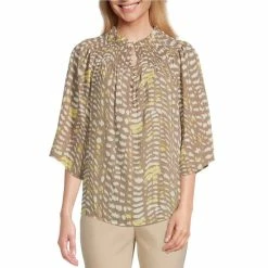 Best deal 😀 Investments 3/4 Sleeve Smocked Crew Neck Animal Ikat Print Partial Button Front Top 👍
