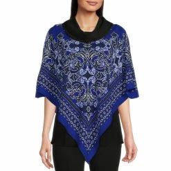 Budget 🤩 Slim Factor By Investments Cowl Neck 3/4 Sleeve Paisley Print Poncho Top Paisley Scarf Print 🎉