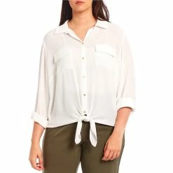 Buy 🧨 Investments Plus Size Kelly Point Collar Button Front Long Roll-Tab Sleeve Tie Front Top White ❤️