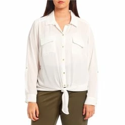 Buy 🧨 Investments Plus Size Kelly Point Collar Button Front Long Roll-Tab Sleeve Tie Front Top White ❤️ -Investments Shop unnamed file 2021