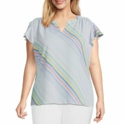 Best deal 🔥 Investments Plus Size Diagonal Stripe Split V-Neck Short Flutter Sleeve Top ⭐