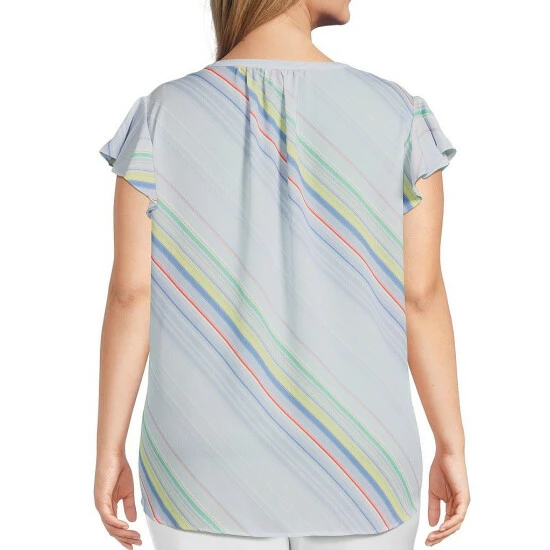 Best deal 🔥 Investments Plus Size Diagonal Stripe Split V-Neck Short Flutter Sleeve Top ⭐ 2 Best deal 🔥 Investments Plus Size Diagonal Stripe Split V-Neck Short Flutter Sleeve Top ⭐ - Image 2