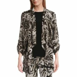 Discount 🔔 Investments Petite Size Soft Separates Tropic Print Open Front Long Roll-Tab Sleeve Coordinating Jacket Textured Tropic 👏
