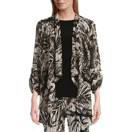 Discount π Investments Petite Size Soft Separates Tropic Print Open Front Long Roll-Tab Sleeve Coordinating Jacket Textured Tropic π 1 Discount π Investments Petite Size Soft Separates Tropic Print Open Front Long Roll-Tab Sleeve Coordinating Jacket Textured Tropic π