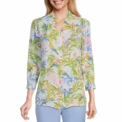Wholesale ⭐ Investments Petite Size Caroline Signature Watercolor Tropic V-Neck 3/4 Sleeve Button Front Top ✨