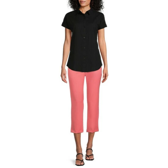 Wholesale 🛒 Investments Petite Size Woven Short Sleeve Point Collar Button Front Top Black 😀 6 Wholesale 🛒 Investments Petite Size Woven Short Sleeve Point Collar Button Front Top Black 😀 - Image 6