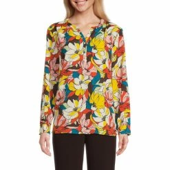 Best reviews of 👍 Investments Woven Retro Floral Print Long Sleeve Y-Neck Top 😉