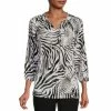 Deals ⭐ Investments Petite Size Zebra Knit Pleated Tie Split V-Neck 3/4 Sleeve Top Neutral Zebra ⌛
