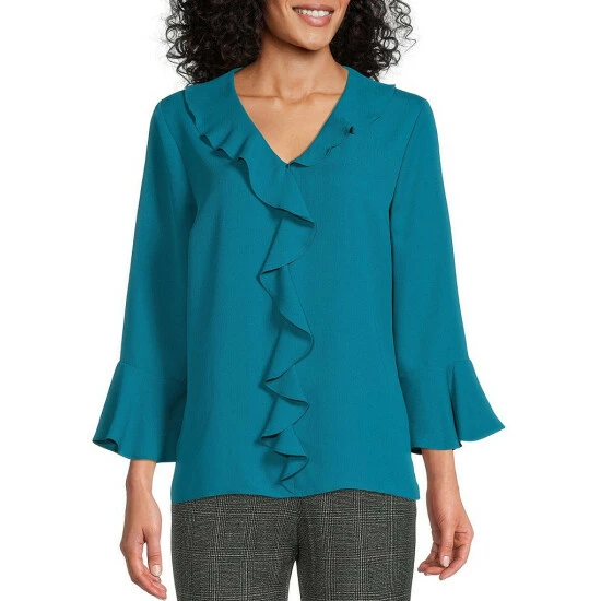 Brand new 🎉 Investments Riley Woven Cascading Ruffle V-Neck 3/4 Sleeve Top Ocean Depths 💯 9 Brand new 🎉 Investments Riley Woven Cascading Ruffle V-Neck 3/4 Sleeve Top Ocean Depths 💯 - Image 9