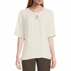 Outlet ⌛ Investments Woven Keyhole Neck Short Sleeve Top White 👏