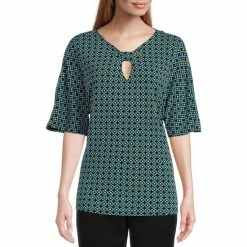 Best Pirce 🌟 Investments Petite Size Knit Geometric Spades Print Keyhole Neck Elbow Sleeve Top ✨