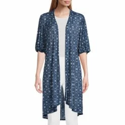 Buy ⌛ Slim Factor By Investments Daisy Geo Print 3/4 Puff Sleeve Open Front Lightweight Mesh Cardigan 💯